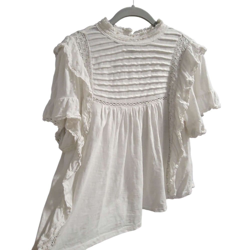 Free People White Lace-Trim Flutter Sleeve Blouse - Picture 8 of 16